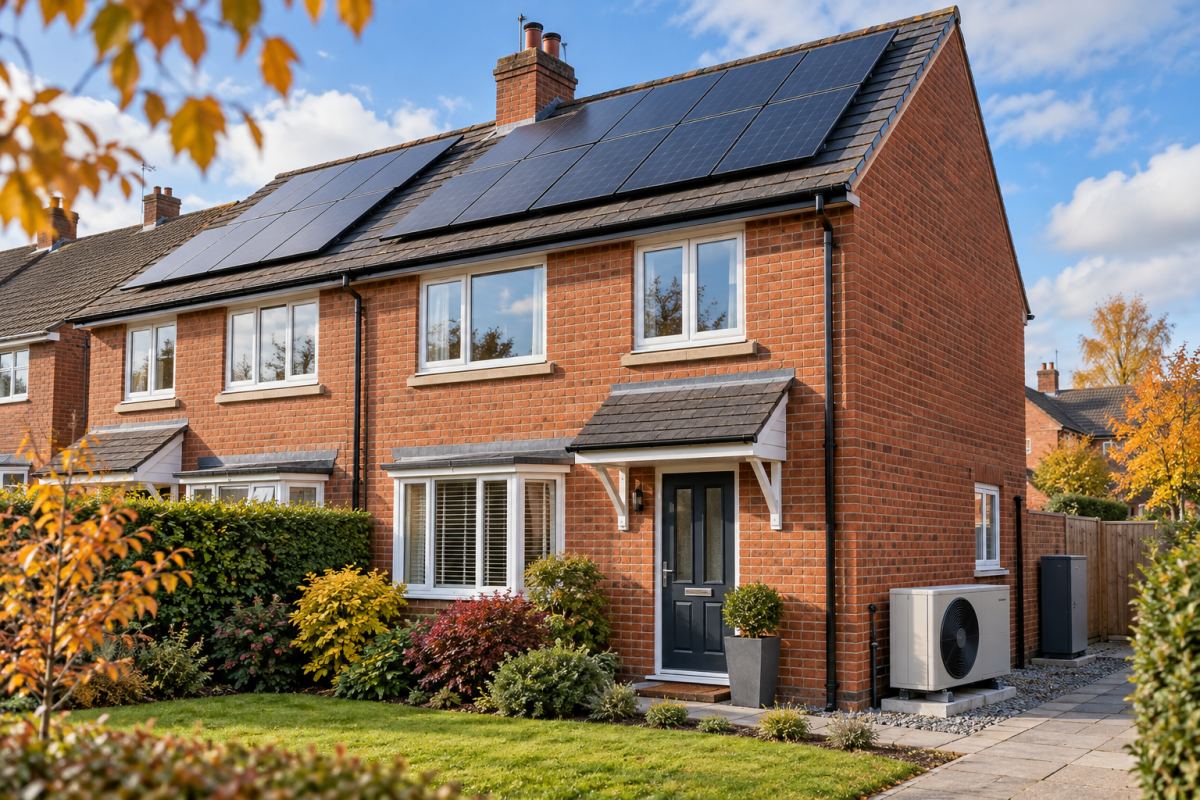 vivienda británica con paneles solares y bomba de calor