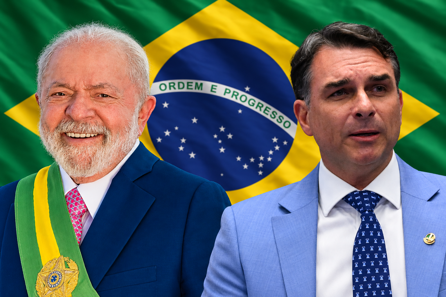 Montaje de Lula y Flávio Bolsonaro con la bandera brasileña al fondo