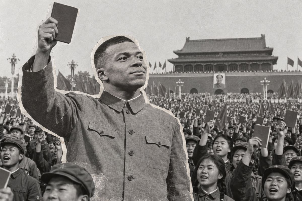 Fotomontaje generado con IA de Kylian Mbappé en una escena inspirada en la Revolución Cultural china