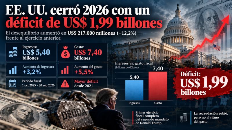 Estados Unidos cierra el año fiscal con un déficit de casi dos billones de dólares y más presión por intereses