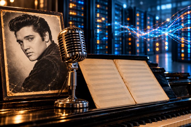 Ilustración de Elvis Presley junto a un micrófono, partituras y servidores de inteligencia artificial