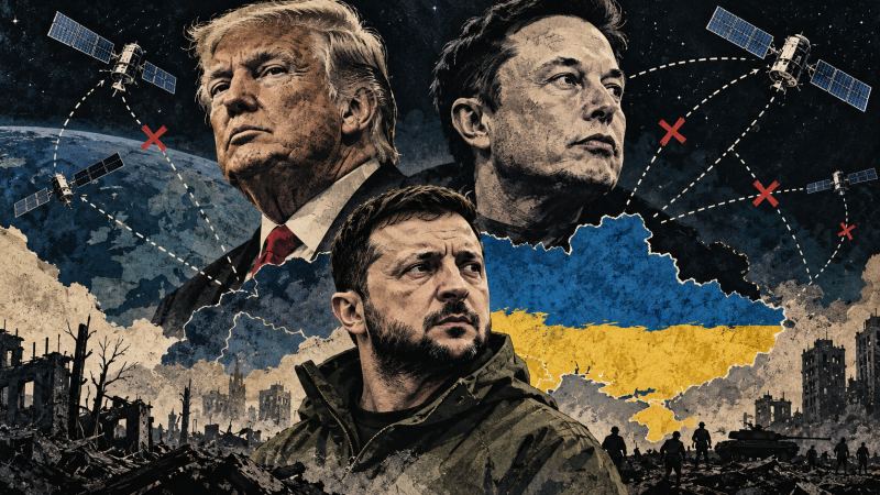 Illustration of Trump, Musk and Zelensky with satellites, interrupted communication lines and a map of Ukraine.