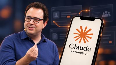 Ilustración editorial con un retrato y un teléfono que muestra Claude, de Anthropic