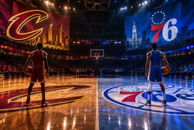 Ilustración del duelo entre Cleveland Cavaliers y Philadelphia 76ers en una cancha de baloncesto