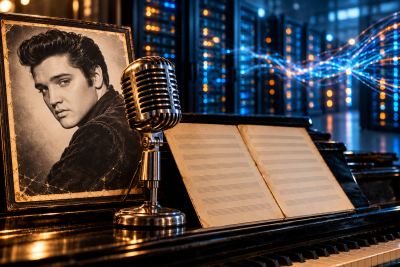 Ilustración de Elvis Presley junto a un micrófono, partituras y servidores de inteligencia artificial