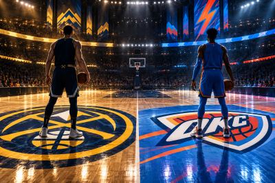 Ilustración del duelo entre Denver Nuggets y Oklahoma City Thunder en una cancha de baloncesto