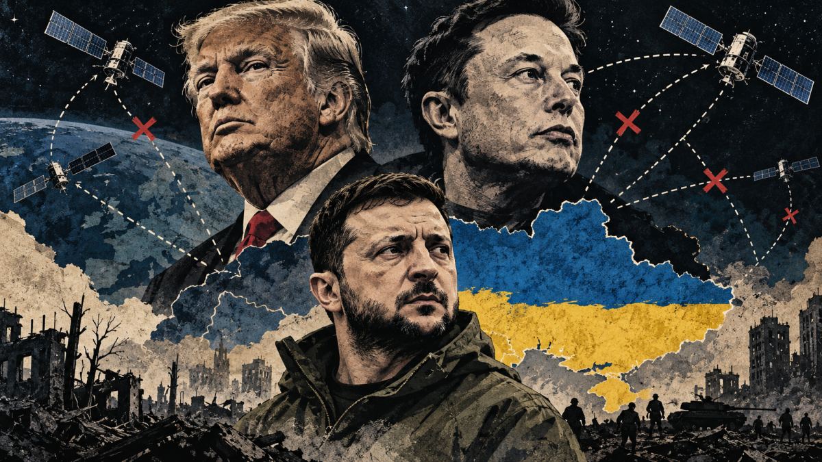 Ilustración de Trump, Musk y Zelenski con satélites, líneas de comunicación interrumpidas y un mapa de Ucrania.